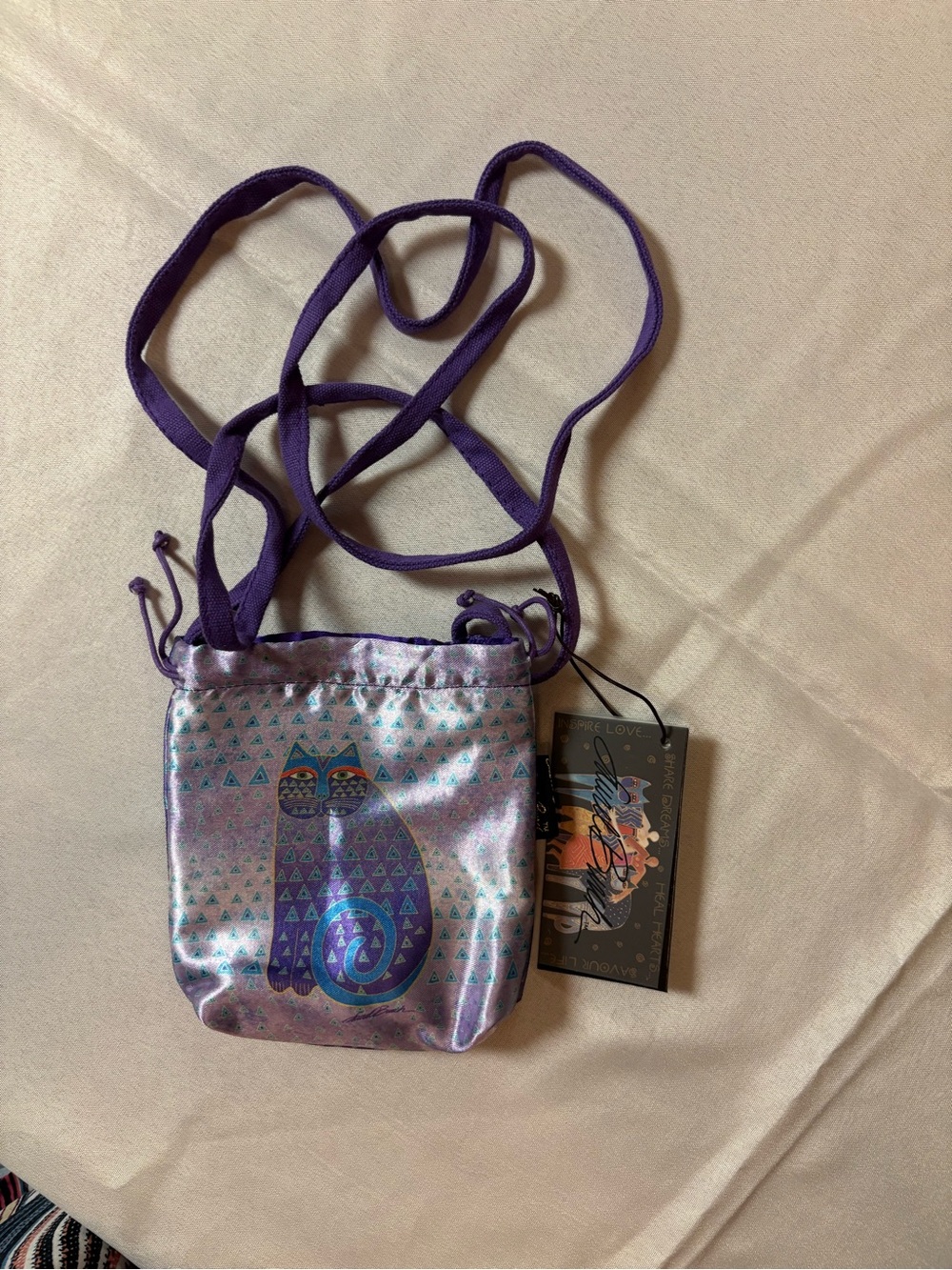 Laurel Burch Purple Cat Print Drawstring Crossbody Bag - Women